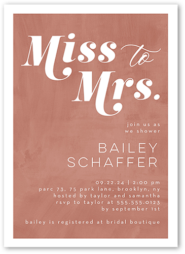 New Mrs Bridal Shower Invitation, Orange, 5x7 Flat, Pearl Shimmer Cardstock, Square, Sedona