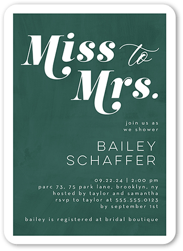 New Mrs Bridal Shower Invitation, Green, 5x7 Flat, Matte, Signature Smooth Cardstock, Rounded, Evergreen