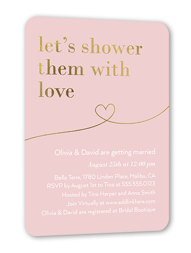 Shower With Love Bridal Shower Invitation, Pink, Gold Foil, 5x7 Flat, Pearl Shimmer Cardstock, Rounded