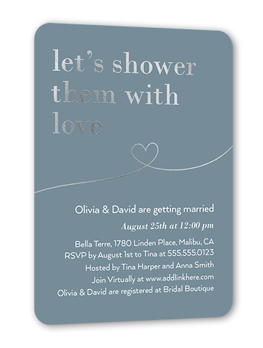 Shower With Love Bridal Shower Invitation, Silver Foil, Grey, 5x7 Flat, Pearl Shimmer Cardstock, Rounded, Storm