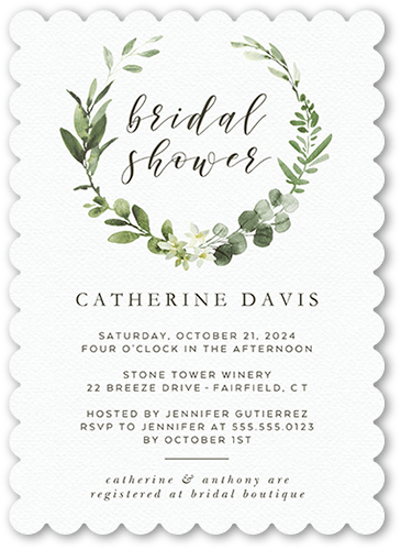 Bridal Wreath Bridal Shower Invitation, White, 5x7 Flat, Pearl Shimmer Cardstock, Scallop, White