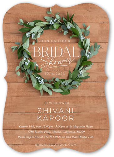 Winsome Wreath Bridal Shower Invitation, Brown, 5x7 Flat, Pearl Shimmer Cardstock, Bracket