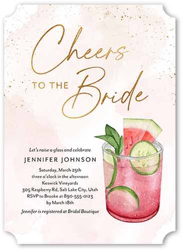 Cheers To The Bride Bridal Shower Invitation, Pink, 5x7 Flat, Pearl Shimmer Cardstock, Ticket