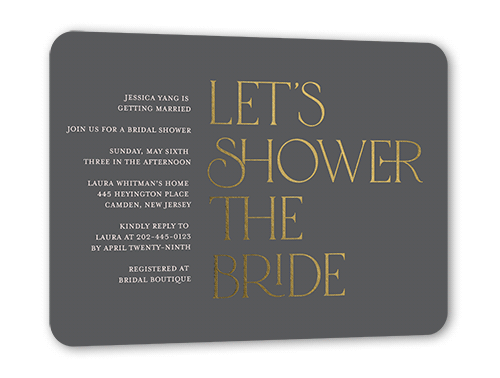 For The Bride Bridal Shower Invitation, Gold Foil, Gray, 5x7 Flat, Pearl Shimmer Cardstock, Rounded