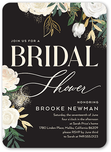 Lovely Greenery Bridal Shower Invitation, Black, 5x7 Flat, Pearl Shimmer Cardstock, Rounded