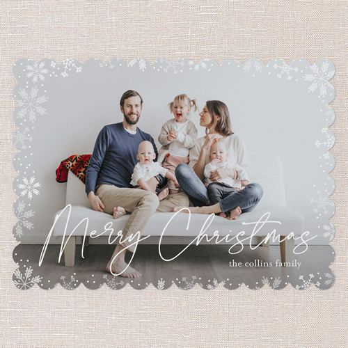 Gently Frosted Frame Holiday Card, White, 5x7 Flat, Christmas, Pearl Shimmer Cardstock, Scallop