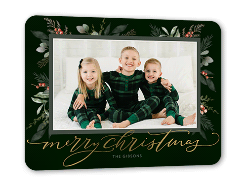 Magnificent Mistletoe Holiday Card, Gold Foil, Green, 5x7 Flat, Christmas, Matte, Signature Smooth Cardstock, Rounded, White