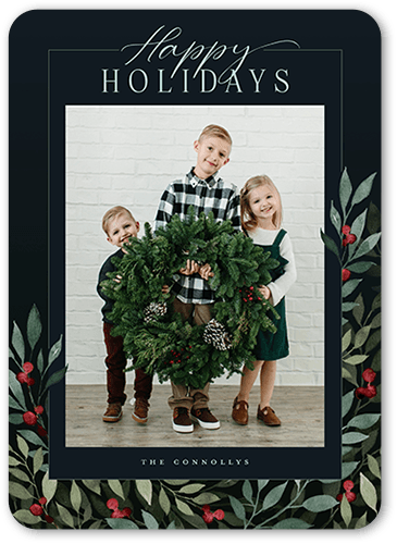 Beaming Berries Holiday Card, none, Black, 5x7 Flat, Holiday, Pearl Shimmer Cardstock, Rounded