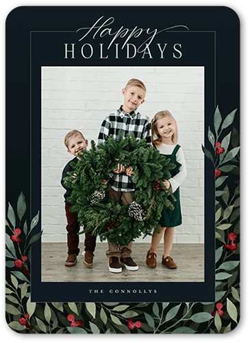 Beaming Berries Holiday Card, Black, none, 5x7 Flat, Holiday, 100% Recycled Cardstock ?, Rounded