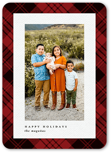 Intricate Plaid Holiday Card, Red, 5x7 Flat, Write Your Own, Pearl Shimmer Cardstock, Rounded