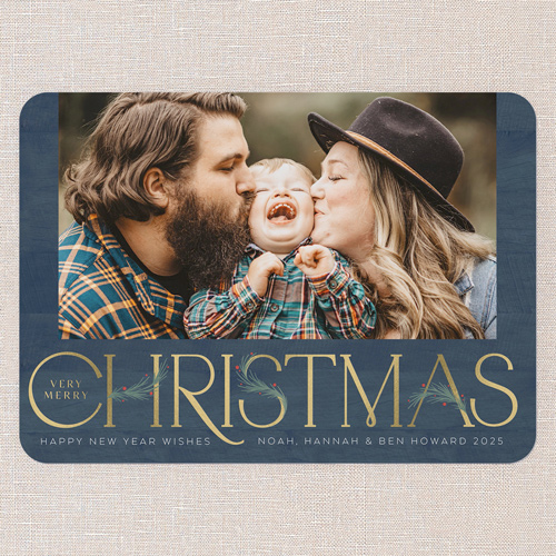 Art Deco Evergreen Holiday Card, Blue, 5x7 Flat, Christmas, Standard Smooth Cardstock, Rounded, Navy