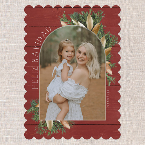 Floral Arched Frame Holiday Card, Red, 5x7 Flat, Feliz Navidad, Pearl Shimmer Cardstock, Scallop