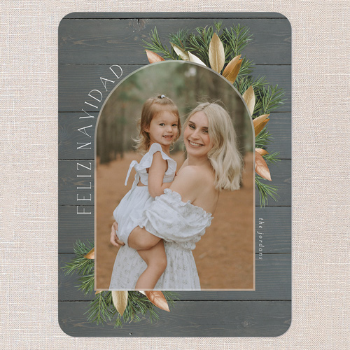 Floral Arched Frame Holiday Card, Grey, 5x7 Flat, Feliz Navidad, Standard Smooth Cardstock, Rounded
