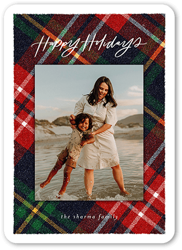 Plaid Photo Frame Holiday Card, Red, 5x7 Flat, Holiday, Standard Smooth Cardstock, Rounded