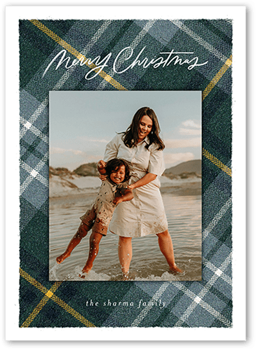 Plaid Photo Frame Holiday Card, Blue, 5x7 Flat, Christmas, Luxe Double-Thick Cardstock, Square