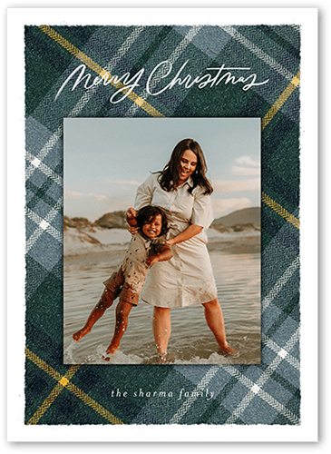 Plaid Photo Frame Holiday Card, Blue, 5x7 Flat, Christmas, Pearl Shimmer Cardstock, Square