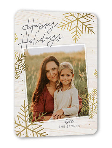Rustic Foil Snowflakes Holiday Card, Beige, Gold Foil, 5x7 Flat, Holiday, Pearl Shimmer Cardstock, Rounded, Antique White