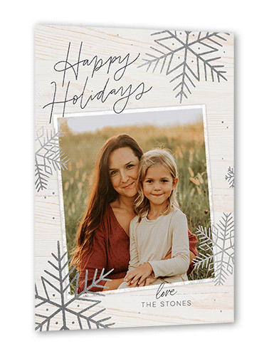Rustic Foil Snowflakes Holiday Card, Beige, Silver Foil, 5x7 Flat, Holiday, Pearl Shimmer Cardstock, Square, Antique White