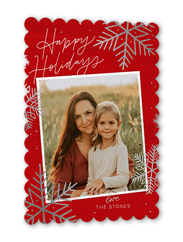 Rustic Foil Snowflakes Holiday Card, Red, Silver Foil, 5x7 Flat, Holiday, Pearl Shimmer Cardstock, Scallop
