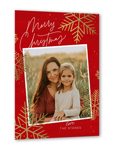 Rustic Foil Snowflakes Holiday Card, Gold Foil, Red, 5x7 Flat, Christmas, Pearl Shimmer Cardstock, Square, Firecracker