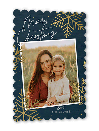 Rustic Foil Snowflakes Holiday Card, Blue, Gold Foil, 5x7 Flat, Christmas, Pearl Shimmer Cardstock, Scallop