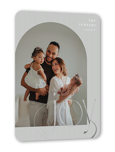 Deco Joy Holiday Card, Grey, Silver Foil, 5x7 Flat, Holiday, Pearl Shimmer Cardstock, Rounded, Smoke