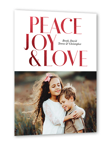 Joyous Love Holiday Card, White, Red Foil, 5x7 Flat, Holiday, Pearl Shimmer Cardstock, Square