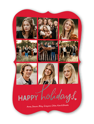 Happy Foil Heart Holiday Card, Red, Silver Foil, 5x7 Flat, Holiday, Pearl Shimmer Cardstock, Bracket