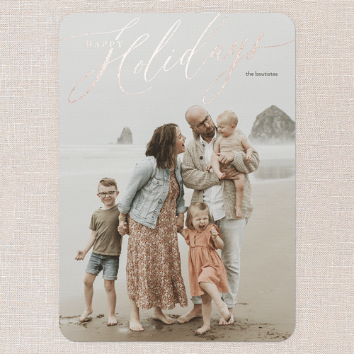 Foil Holiday Header Holiday Card, White, Rose Gold Foil, 5x7 Flat, Holiday, Pearl Shimmer Cardstock, Rounded, White