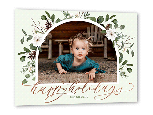 Foil Botanical Arch Holiday Card, Green, Rose Gold Foil, 5x7 Flat, Holiday, Pearl Shimmer Cardstock, Square