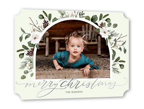 Foil Botanical Arch Holiday Card, Silver Foil, Green, 5x7, Christmas, Pearl Shimmer Cardstock, Ticket