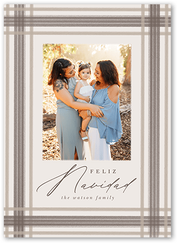 Brushed Plaid Border Holiday Card, Grey, 5x7 Flat, Feliz Navidad, Standard Smooth Cardstock, Square