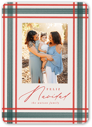 Brushed Plaid Border Holiday Card, Red, 5x7 Flat, Feliz Navidad, Standard Smooth Cardstock, Rounded