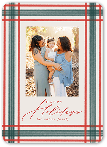 Brushed Plaid Border Holiday Card, Red, 5x7 Flat, Holiday, Matte, Signature Smooth Cardstock, Rounded