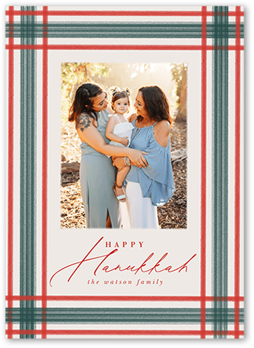 Brushed Plaid Border Holiday Card, Red, 5x7 Flat, Hanukkah, Matte, Signature Smooth Cardstock, Square