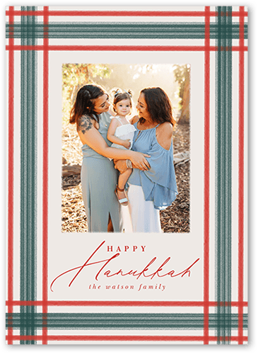 Brushed Plaid Border Holiday Card, Red, 5x7 Flat, Hanukkah, Pearl Shimmer Cardstock, Square
