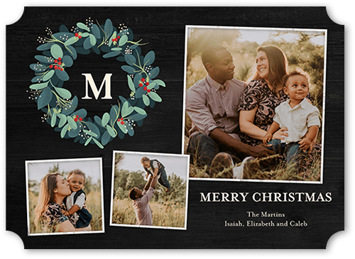 Wreath Collage Holiday Card, Black, 5x7 Flat, Christmas, Pearl Shimmer Cardstock, Ticket