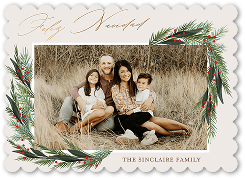 Wintergreen Frame Holiday Card, Beige, 5x7 Flat, Feliz Navidad, Matte, Signature Smooth Cardstock, Scallop