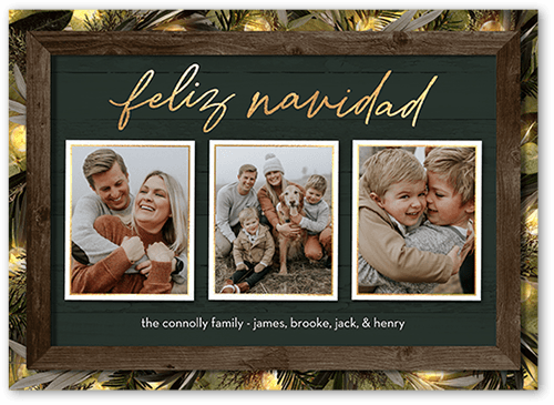 Rustic Evergreen Lights Holiday Card, Green, 5x7 Flat, Feliz Navidad, Luxe Double-Thick Cardstock, Square