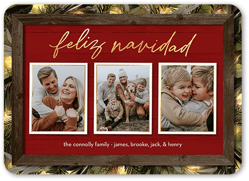 Rustic Evergreen Lights Holiday Card, Red, 5x7 Flat, Feliz Navidad, 100% Recycled Cardstock , Rounded, Red