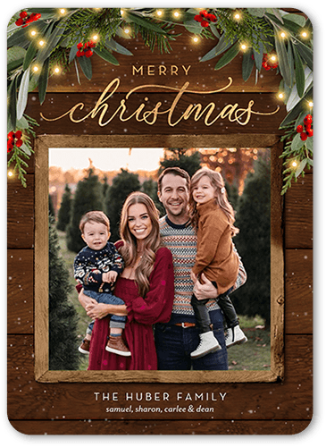 Wreath Topped Holiday Card, Brown, 5x7 Flat, Christmas, Pearl Shimmer Cardstock, Rounded