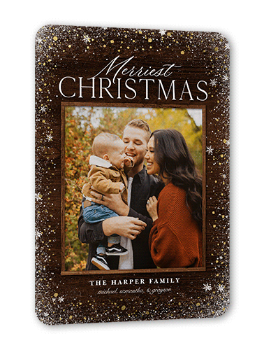 Snowflake Foil Stamped Holiday Card, Brown, Gold Foil, 5x7 Flat, Christmas, Pearl Shimmer Cardstock, Rounded