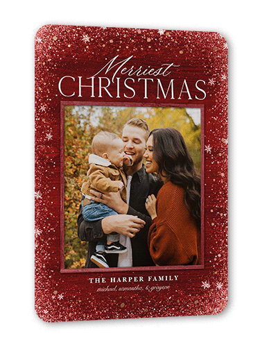 Snowflake Foil Stamped Holiday Card, Red, Rose Gold Foil, 5x7 Flat, Christmas, Pearl Shimmer Cardstock, Rounded, Spanish Red