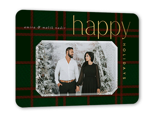 Plaid Elegance Holiday Card, Gold Foil, Green, 5x7 Flat, Holiday, Pearl Shimmer Cardstock, Rounded