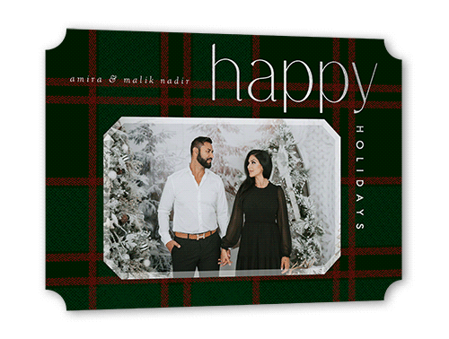 Plaid Elegance Holiday Card, Silver Foil, Green, 5x7 Flat, Holiday, Pearl Shimmer Cardstock, Ticket