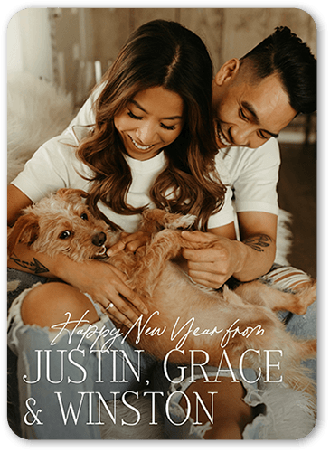 Large Names Holiday Card, White, 5x7 Flat, New Year, Pearl Shimmer Cardstock, Rounded, White