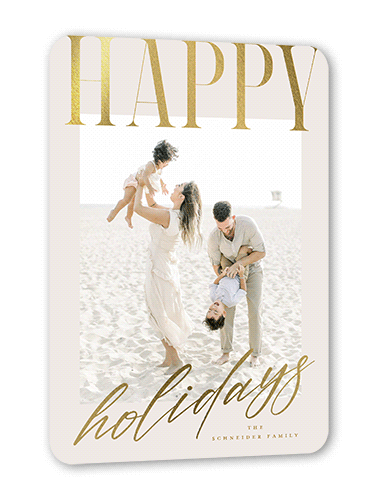Big And Shiny Holiday Card, Gold Foil, Grey, 5x7 Flat, Holiday, Pearl Shimmer Cardstock, Rounded
