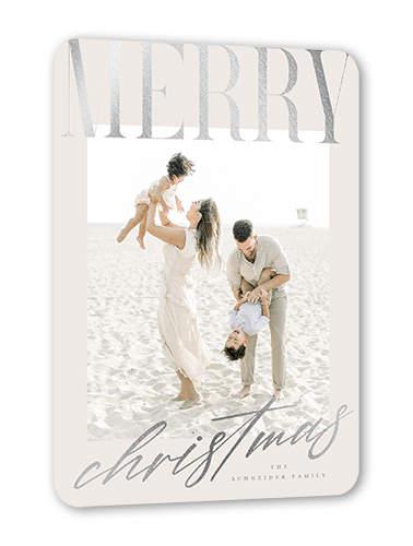 Big And Shiny Holiday Card, Silver Foil, Grey, 5x7 Flat, Christmas, Pearl Shimmer Cardstock, Rounded, Whisper Gray