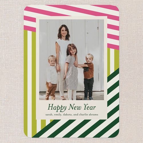 Slanted Stripes Holiday Card, Green, 5x7 Flat, New Year, Pearl Shimmer Cardstock, Rounded, Mojito