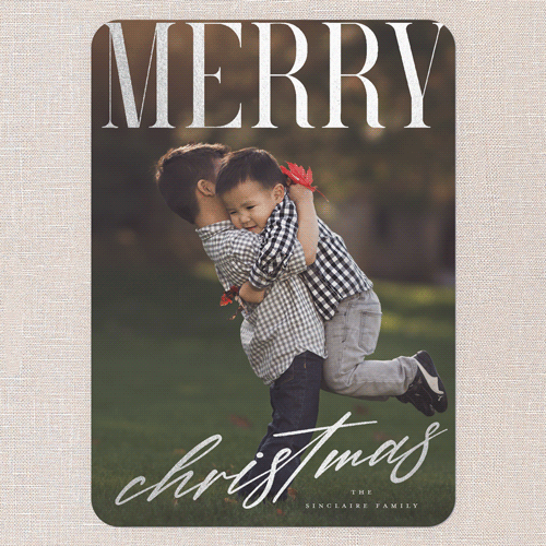 Satin Sentiments Holiday Card, White, Silver Foil, 5x7 Flat, Christmas, Pearl Shimmer Cardstock, Rounded, White